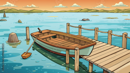 Write a short story or vignette about the small, empty wooden boat anchored at the end of the pier. vector art illustration