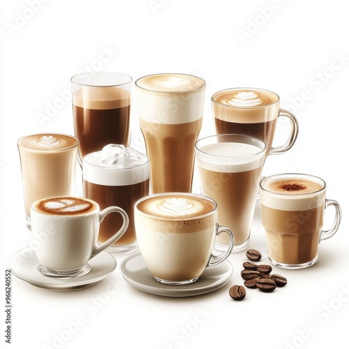 image of group of about ten differnt coffee bevarages before a white background, espresso, latte macchiato, cappuccino, lungo, ristretto, viennac coffee.