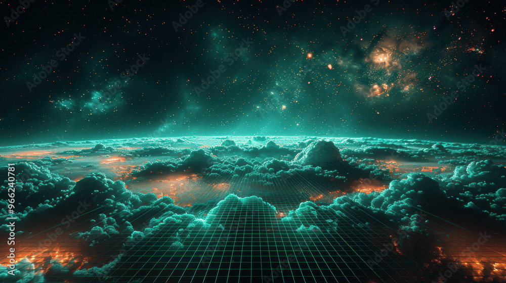 Obraz premium A digital landscape view of glowing clouds above an illuminated horizon in a cosmic setting at night
