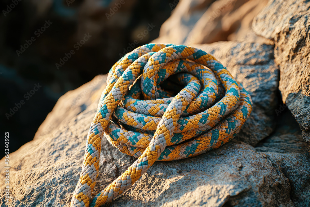 A close up of climbing rope coiled neatly on rock, showcasing its vibrant colors and texture. ropes intricate design adds touch of adventure to rugged natural setting A close up of climbing rope coiled neatly on rock, showcasing its vibrant colors and texture. ropes intricate design adds touch of adventure to rugged natural setting
