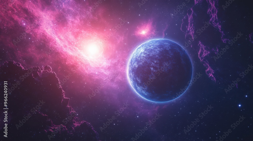 Blue and Pink Planet with Two Suns in Deep Space Blue and Pink Planet with Two Suns in Deep Space