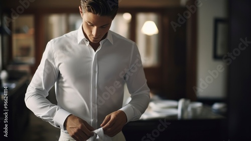  A man in a white dress shirt is buttoning the cuff of his sleeve. He is standing in a room with a blurred background, and his expression is focused.