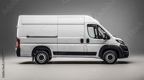  A white cargo van is parked on a gray surface. The van is viewed from the side. The van has black trim around the windows and wheels.