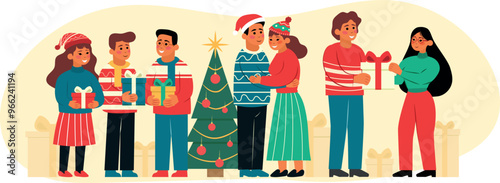 Ilustración gente en intercambio de regalos de navidad