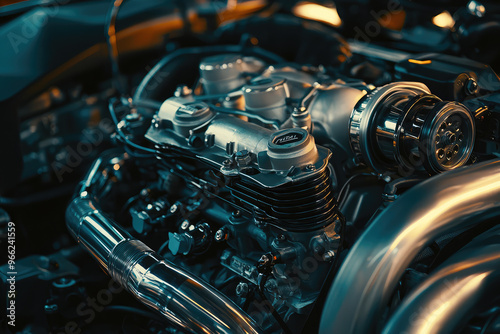 A close up of high performance car engine showcases intricate details and advanced engineering. metallic components gleam under light, reflecting power and precision of automotive design