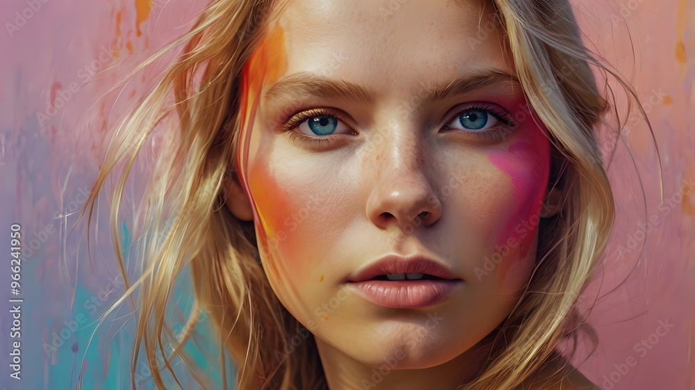A photo-realistic scandinavian woman stands in a mesmerizing whirl of vibrant colors. A photo-realistic scandinavian woman stands in a mesmerizing whirl of vibrant colors.