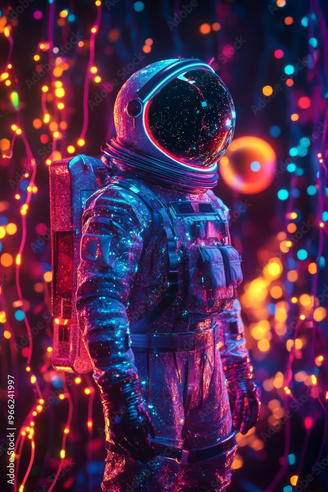 Brave Exploration inRetro Space Suit Amidst Glowing Stars and Neon Planets