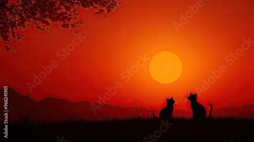 Two cats sit together under a stunning sunset, silhouetted against a vibrant orange sky, creating a peaceful and serene atmosphere.