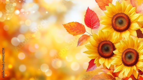 Sunflowers and autumn leaves, golden yellow and burnt orange gradient background photo