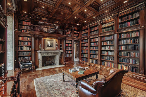 A luxurious mansions library featuring rich wooden shelves filled with books, cozy seating area, and an elegant fireplace. warm ambiance invites relaxation and contemplation