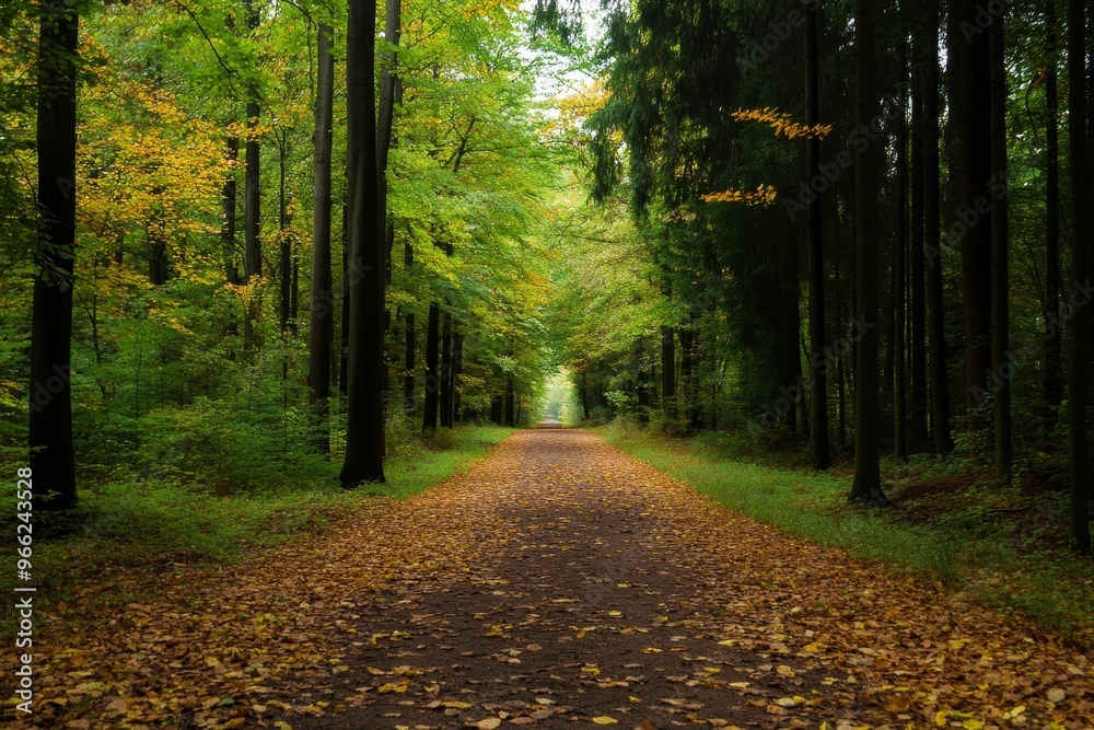 Obraz premium A picturesque pathway winds through a forest, adorned with vibrant autumn foliage. Golden leaves blanket the ground, creating a breathtaking display of nature's beauty. The path symbolizes tranquility