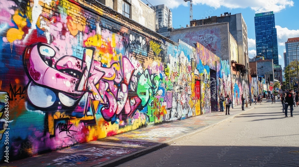 Fototapeta premium A vibrant street art mural with bold, colorful graffiti on a city wall, showcasing urban creativity and the dynamic use of color in public art
