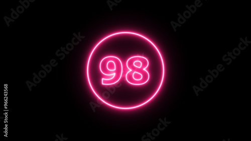 Glowing neon number 98 , neon light colorful number of illustration on black background. Glowing neon lighting on dark background. Numbers futuristic style