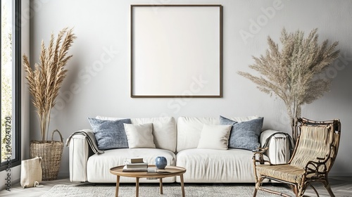 wooden poster white blank horizontal frame mockup, reflection, shadow overlay, cozy living room, farmhouse stlyle, warm room photo