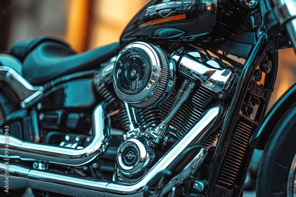 A close up of motorcycle engine showcases intricate details and polished chrome components, highlighting craftsmanship and power of machine. sleek design evokes sense of speed and adventure A close up of motorcycle engine showcases intricate details and polished chrome components, highlighting craftsmanship and power of machine. sleek design evokes sense of speed and adventure
