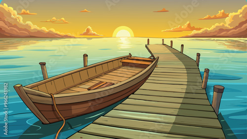 Write a short story or vignette about the small, empty wooden boat anchored at the end of the pier. vector art illustration