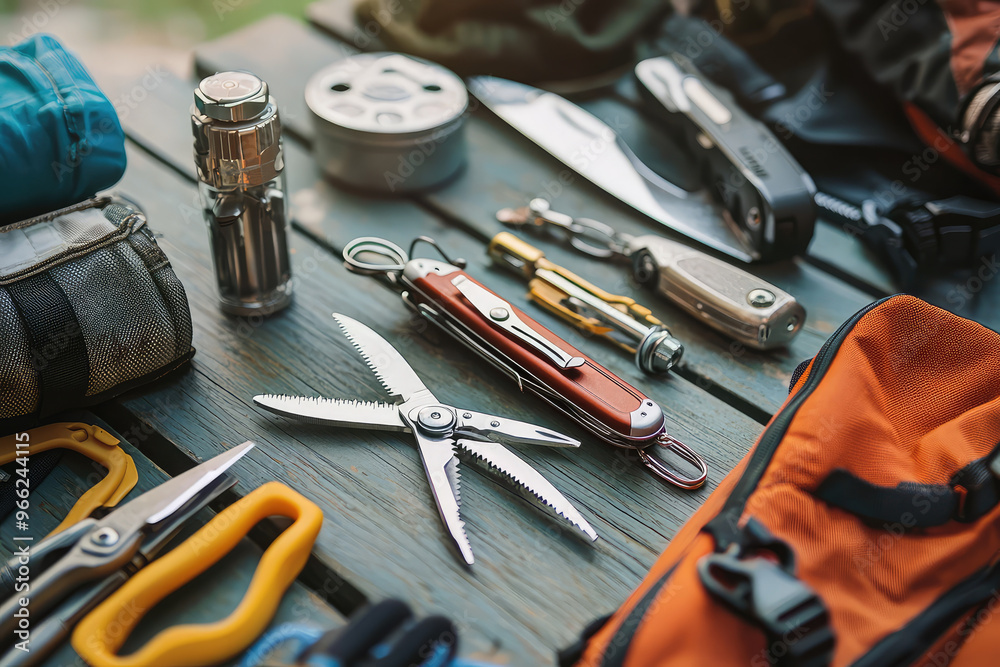 Fototapeta premium A close up of multi tool and survival gear laid out on wooden surface, showcasing various tools and accessories for outdoor activities. arrangement highlights practicality and versatility of equipment