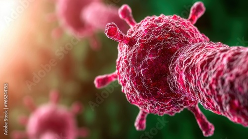 Close-up view of a virus, showcasing its intricate structure and vibrant color. Ideal for scientific and health-related concepts.