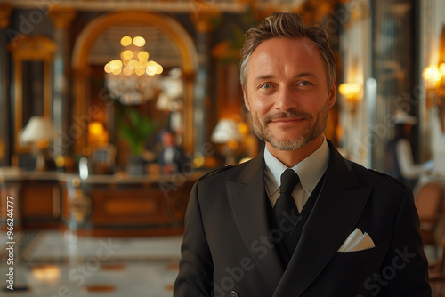 Hotel Manager Greeting Guests at the Front Desk of a Luxurious Hotel Lobby - Emphasizing Guest Relations and Hotel Operations