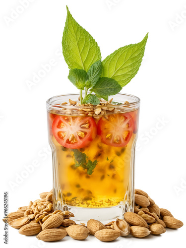 Burmese Laphet Thoke in clear glass filled with pickled tea leaves sliced tomatoes fried garlic photo