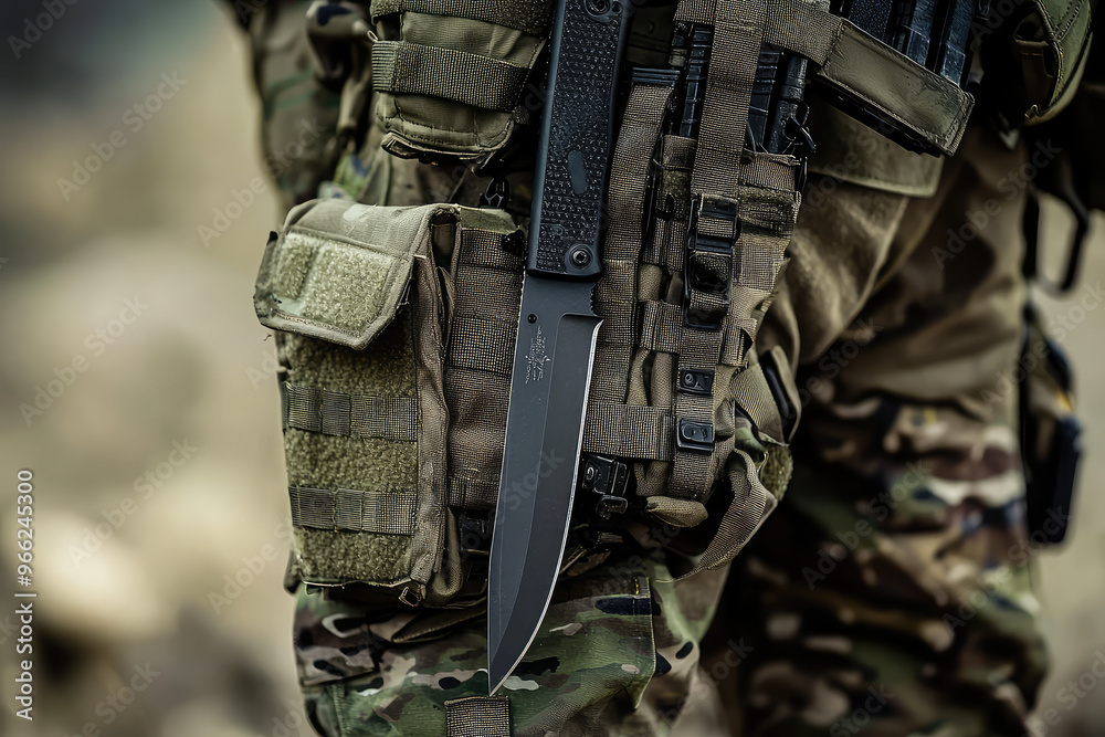 Fototapeta premium A close up of Special Forces soldiers tactical knife, showcasing its sleek design and functionality. knife is securely attached to soldiers gear, emphasizing readiness and precision in field