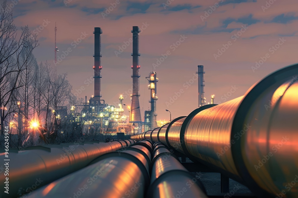 Oil pipeline in industrial district with factories at dusk Pipeline in industrial district Oil pipeline in industrial district with factories at dusk Pipeline in industrial district