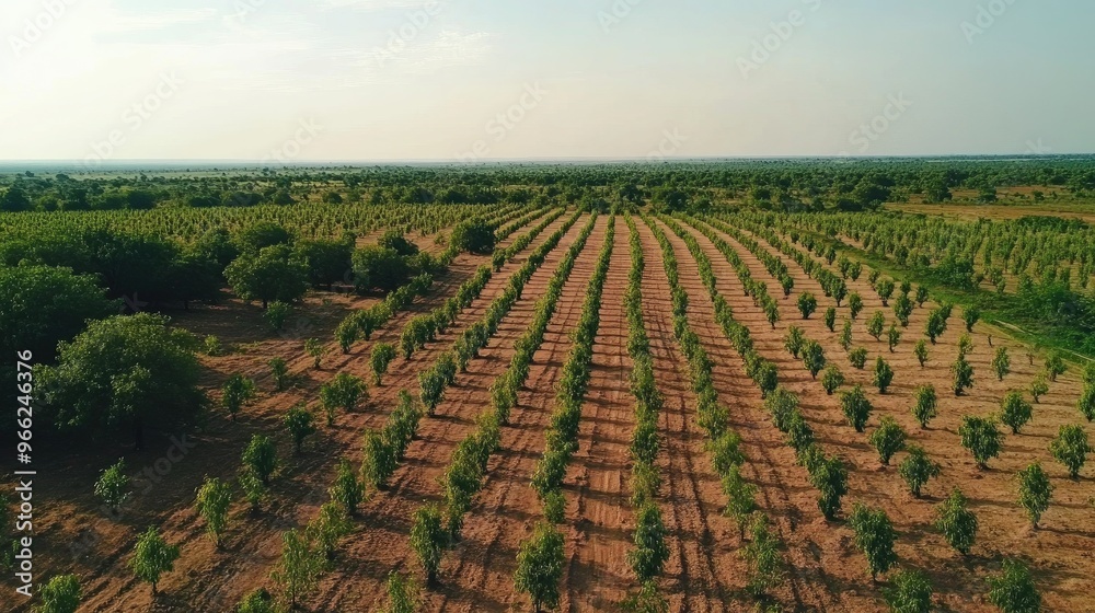 Fototapeta premium A wide shot of a reforestation project with rows of newly planted trees stretching into the distance, showcasing the scale and impact of the tree-planting efforts.