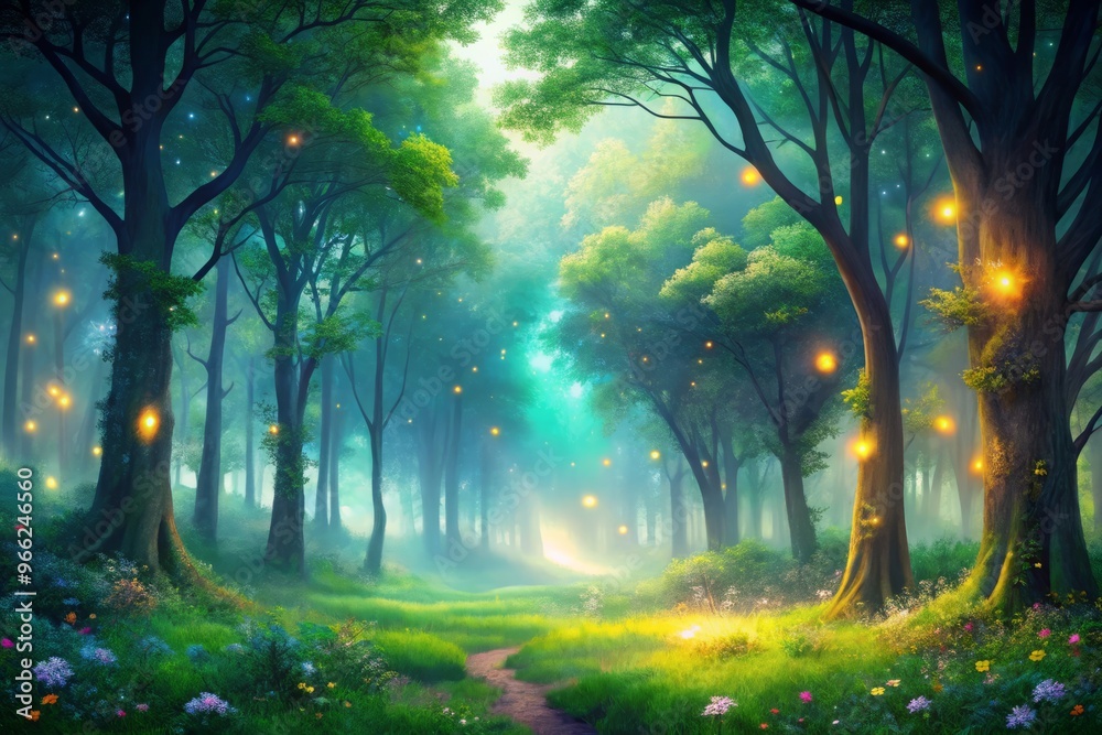 Mystical forest background with vibrant green trees, twinkling fireflies, and soft mist, perfect for fantastical Mystical forest background with vibrant green trees, twinkling fireflies, and soft mist, perfect for fantastical