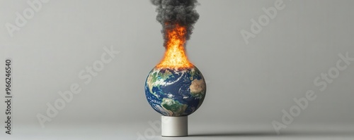 the burning Earth being held by an chimney bar with smoke coming out from behind it and surrounded by factories on a grey background photo