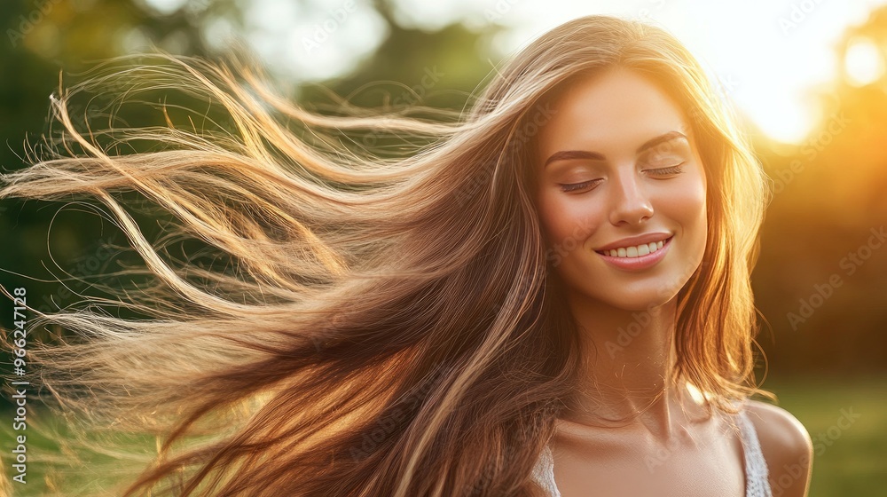 A woman with long, silky straight hair flowing in the wind, standing outdoors in a natural setting, her hair shining in the sunlight. A woman with long, silky straight hair flowing in the wind, standing outdoors in a natural setting, her hair shining in the sunlight.