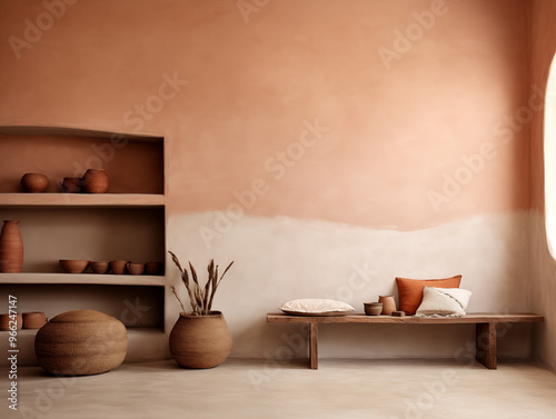 Wabi sabi and japandi japanese style rustic interior in in white, neutral and terracotta with wood, pottery and texture elements