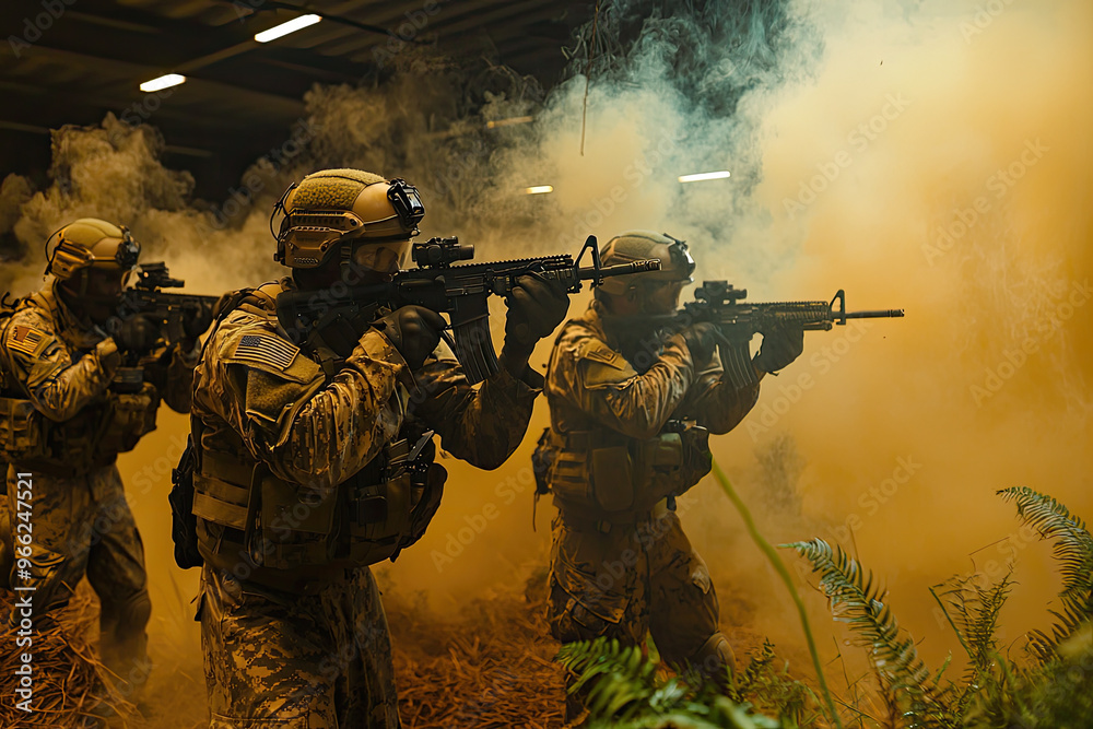 Special Forces soldiers conducting drill in smoky environment, showcasing tactical skills and teamwork. scene captures intensity and focus of operation Special Forces soldiers conducting drill in smoky environment, showcasing tactical skills and teamwork. scene captures intensity and focus of operation