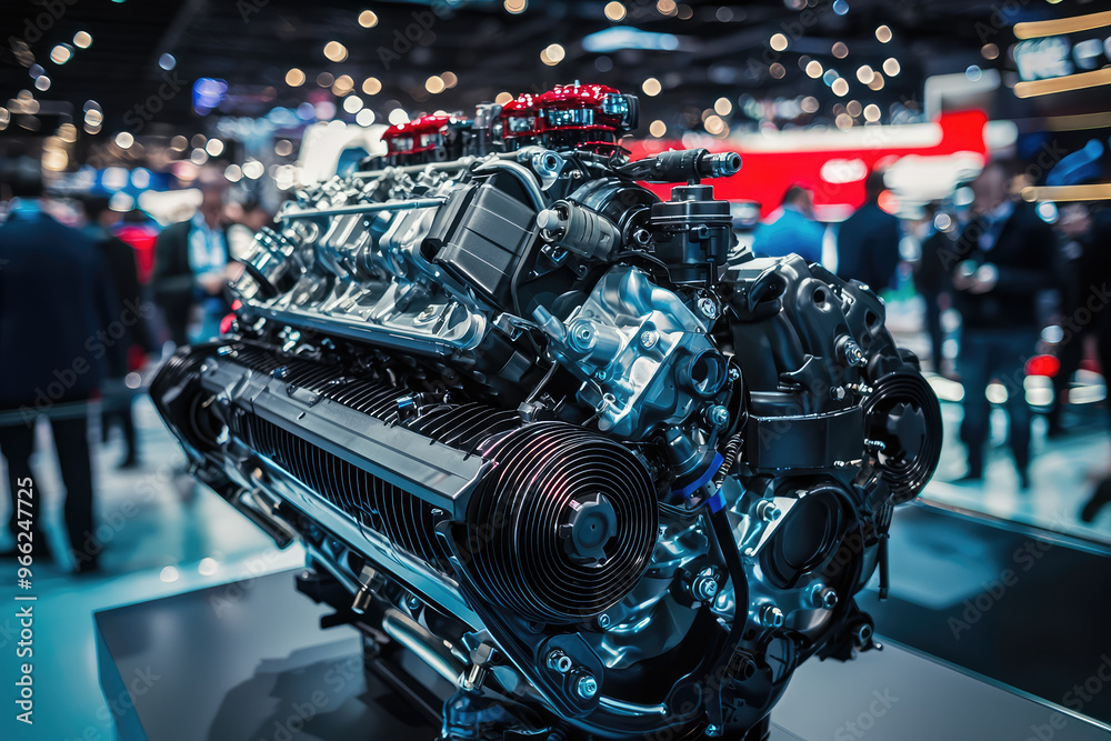 Fototapeta premium A high performance engine on display at an auto show, showcasing intricate design and engineering excellence. vibrant atmosphere highlights automotive innovation and technology