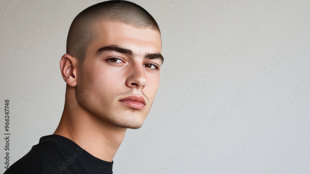 Obraz premium A young man with a buzz cut hairstyle, emphasizing a clean, minimalist look and low-maintenance style, set against a plain background for a focused portrait.