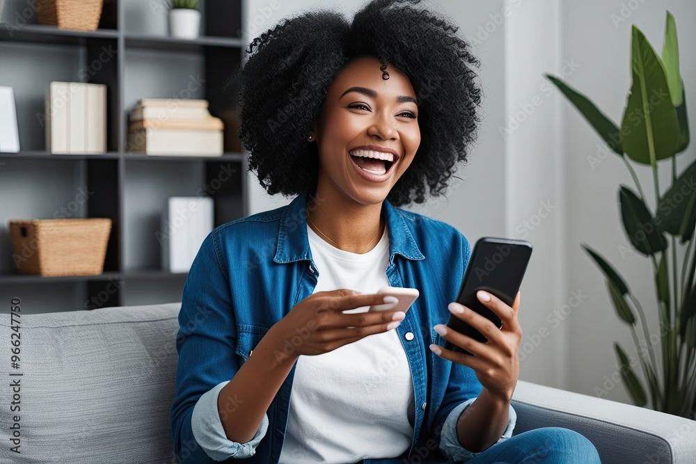 Thrilled Young Black Woman on Couch Joyfully Using Smartphone for Communication and Success Thrilled Young Black Woman on Couch Joyfully Using Smartphone for Communication and Success