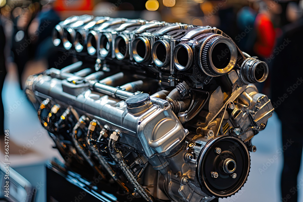 Fototapeta premium A high performance engine on display at an auto show, showcasing intricate design and engineering excellence. polished metal components reflect excitement of automotive innovation