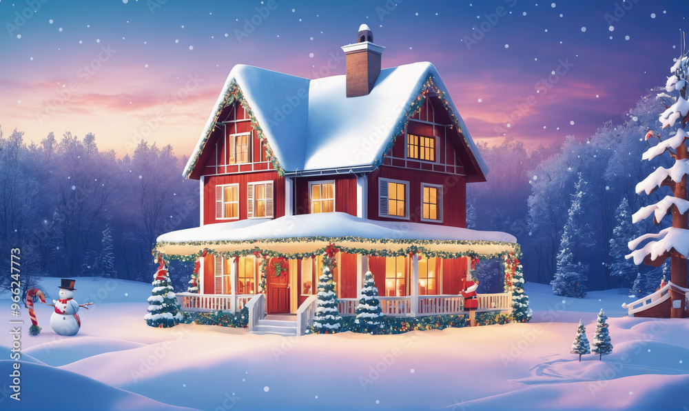 A snowy, red house with twinkling lights sits nestled in the woods on a winter evening A snowy, red house with twinkling lights sits nestled in the woods on a winter evening