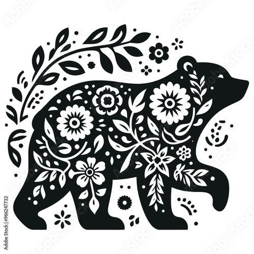 Folk art floral bear illustration, black and white, vector file, perfect for decor and design