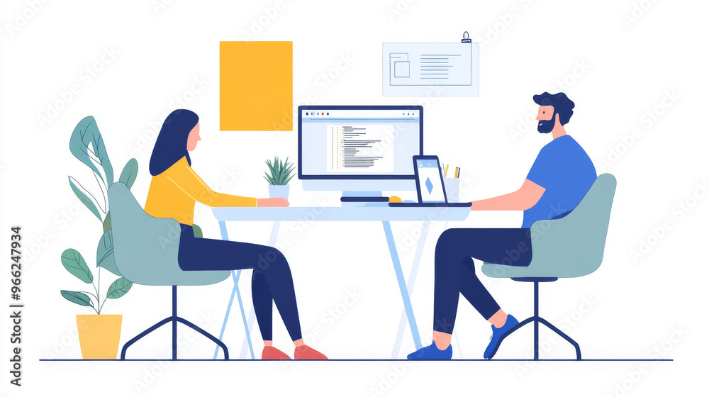 Two people sitting at a desk with a computer monitor in front of them Two people sitting at a desk with a computer monitor in front of them