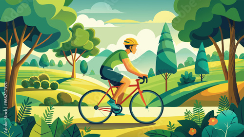  vector illustration showcasing the benefits of outdoor exercise. cyclist riding through a peaceful park, vector art illustration