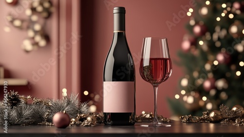 Elegant wine bottle and glass on a festive table, adorned with holiday decorations and a warm, inviting ambiance.