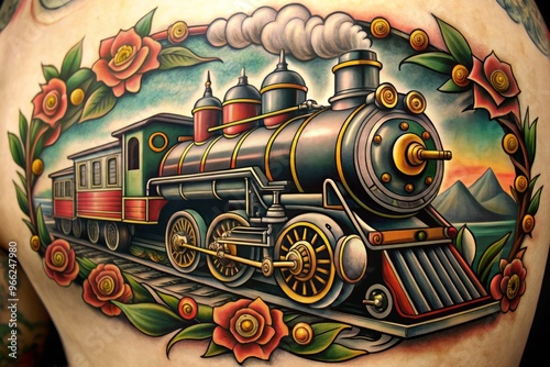 Nostalgic American Traditional Tattoo Design Featuring A Detailed Steam Locomotive Train With Intricate Flourishes And photo