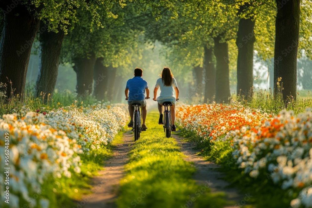 Obraz premium Couple cycling through scenic flower-lined path in a serene forest setting