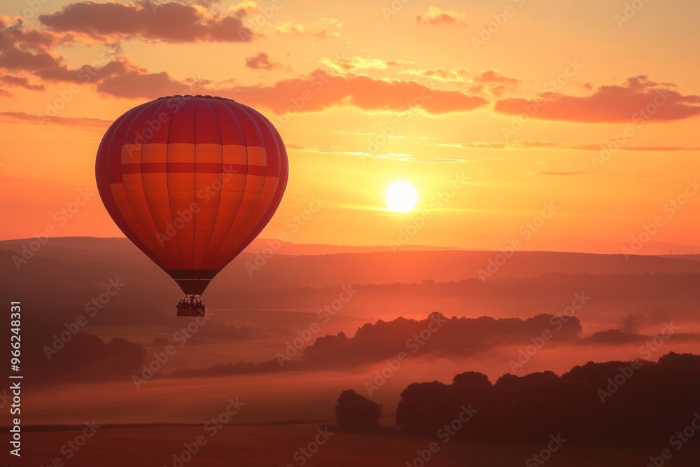 Obraz premium Tranquil hot air balloon ride at sunrise over serene landscape
