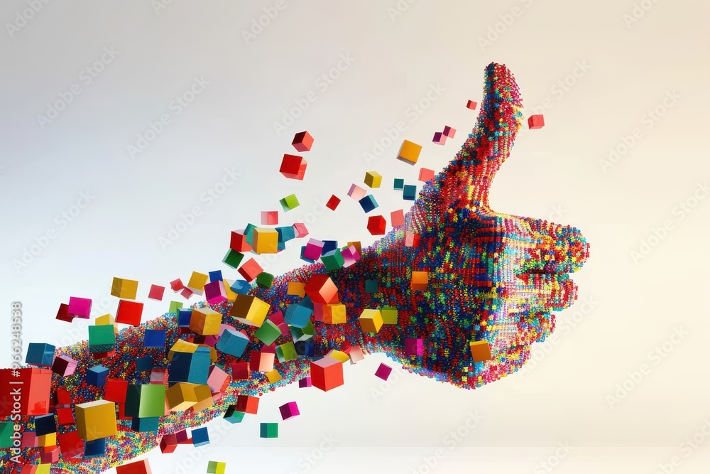 Lots of Multi-Coloured Cubes Moving In Space to Come Together To Form an Abstract Thumbs Up Sign Against a Plain Background An abstract image of hundreds of small multi-coloured cubes moving through s Lots of Multi-Coloured Cubes Moving In Space to Come Together To Form an Abstract Thumbs Up Sign Against a Plain Background An abstract image of hundreds of small multi-coloured cubes moving through s