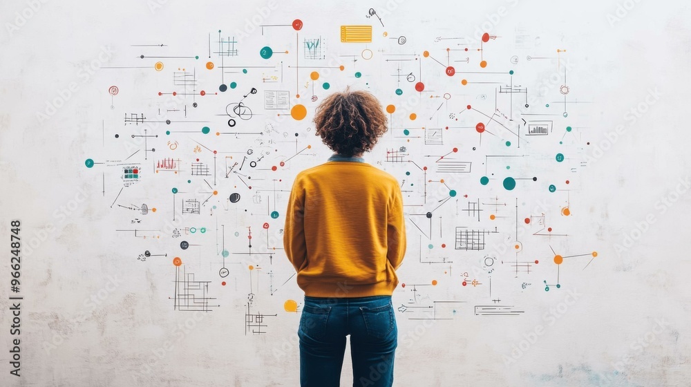 Person Thinking and Brainstorming Ideas on Wall Person Thinking and Brainstorming Ideas on Wall