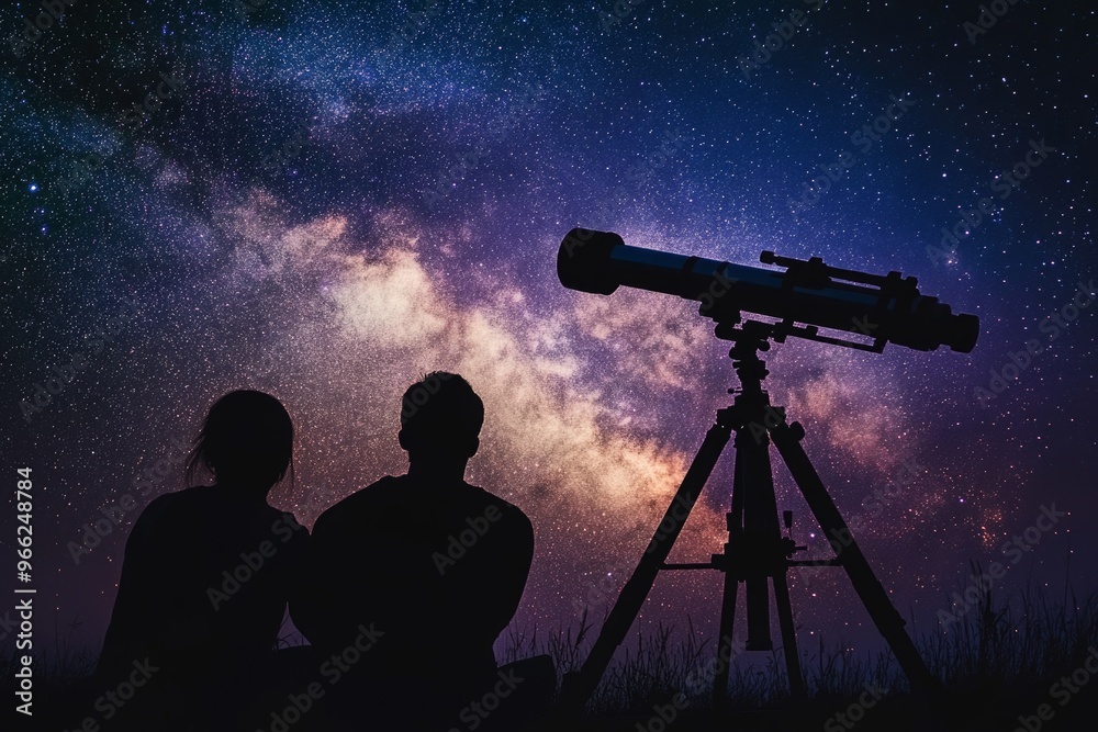 Stargazing couple silhouettes with telescope against a stunning milky way backdrop Stargazing couple silhouettes with telescope against a stunning milky way backdrop