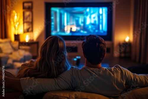 Cozy couple watching movie in comfortable living room with warm lighting