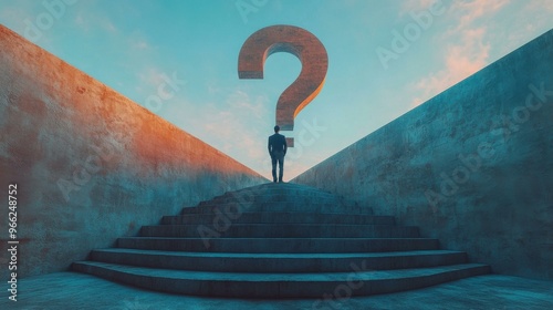 Man Standing on Stairs Facing a Question Mark