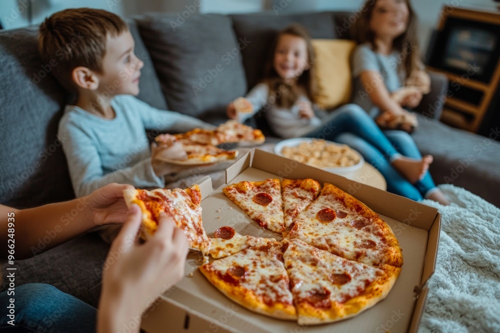 Happy kids sharing pepperoni pizza on a cozy sofa at home Happy kids sharing pepperoni pizza on a cozy sofa at home